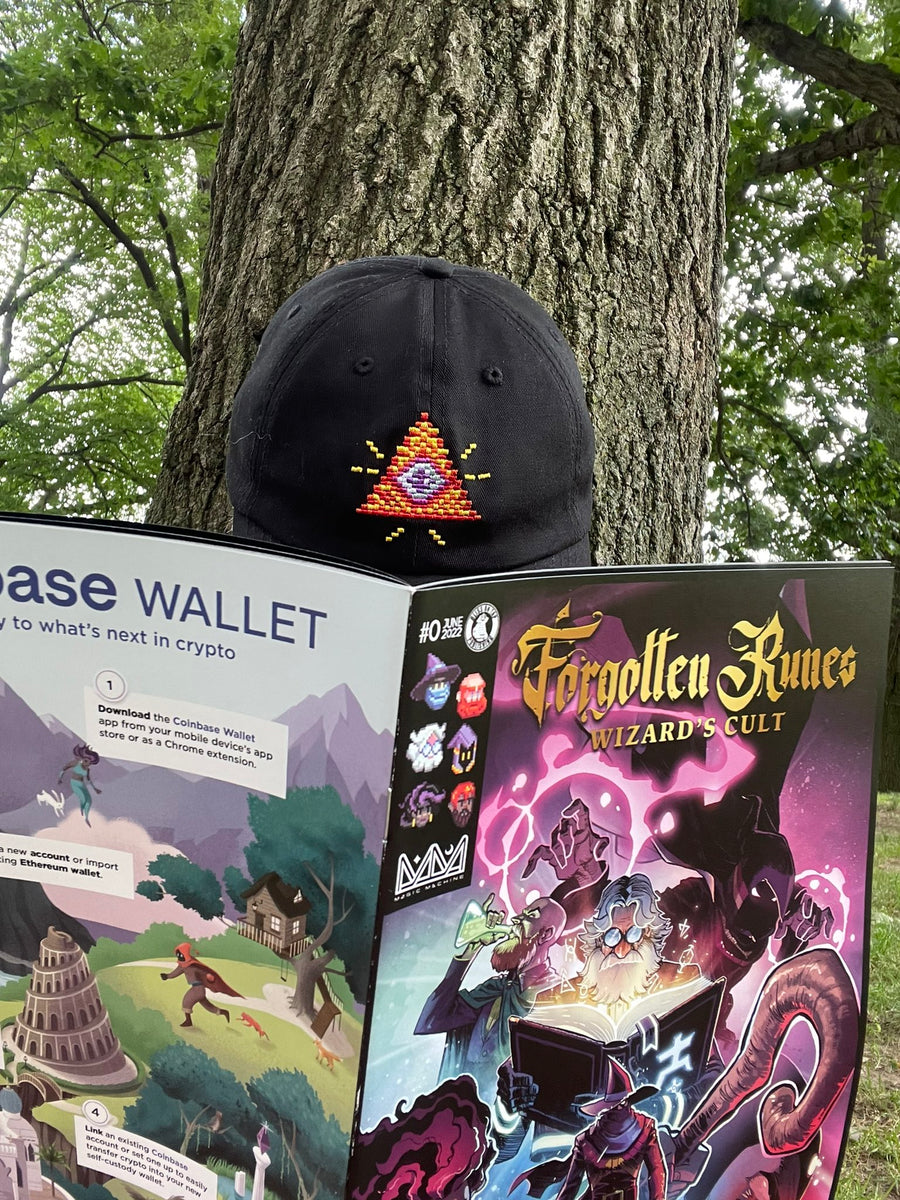 Forgotten Runes Wizards Cult embroidery hat and Comic book issue number 0